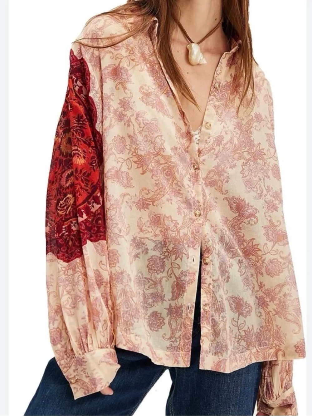Free People Floral Button-Up Shirt in Cream and Burgundy